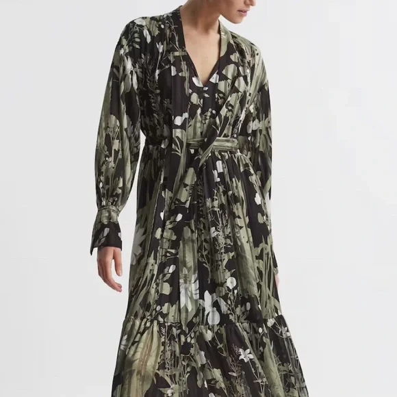 Reiss LOTTIEFLORAL PRINT TIE NECK MIDI DRESS IN GR